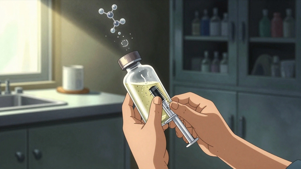 Child shaking medicine bottle with syringe, contrasting safe and unsafe storage zones.