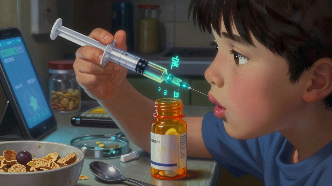 Child using oral syringe to take medicine, with dangerous inactive ingredients revealed by magnifying glass.