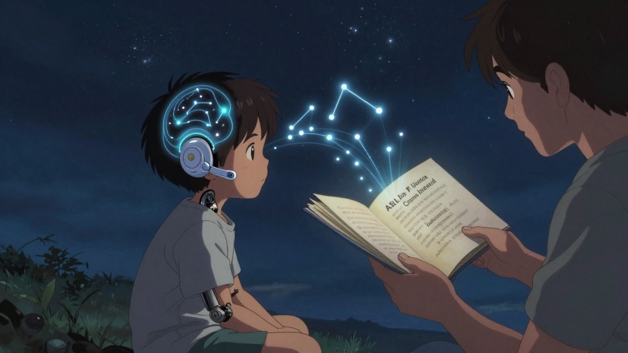 Child with cochlear implant under starry sky, neural signals glowing as ASL and English book floats nearby.
