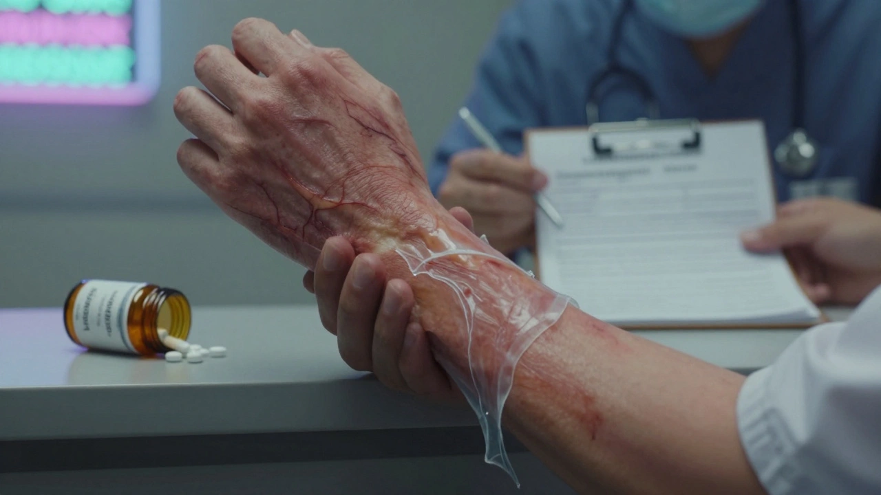 Close-up of necrotic skin detaching from forearm, pill bottle labeled Lamotrigine overturned nearby.