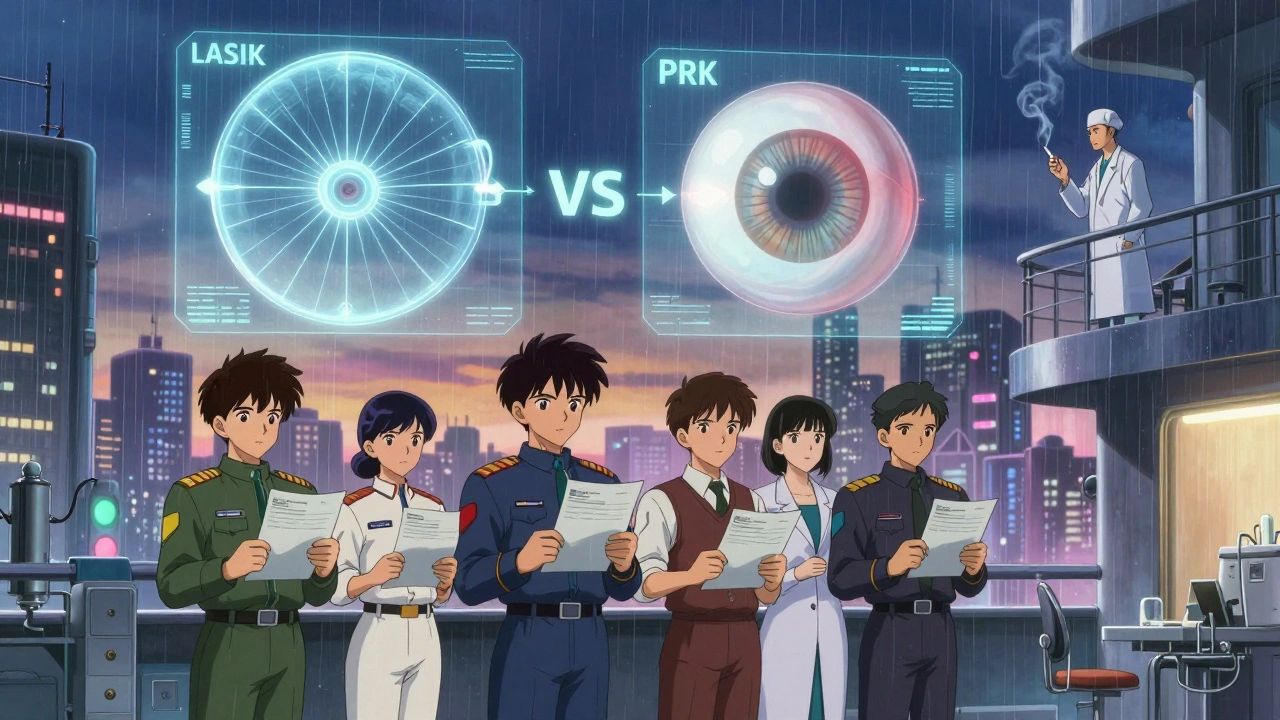 Diverse patients outside eye clinic, holograms comparing LASIK flap vs PRK surface, Otomo style