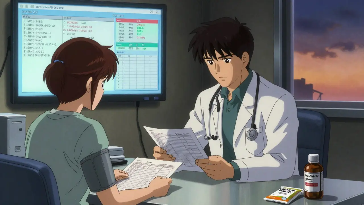 Doctor and patient reviewing blood pressure logs with supplements on table.