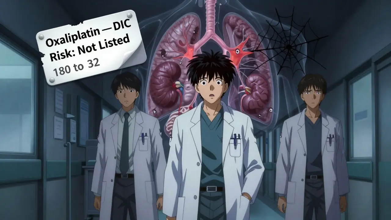 Doctors staring at a lab report showing plummeting platelets and rising D-dimer, with a hidden drug label.