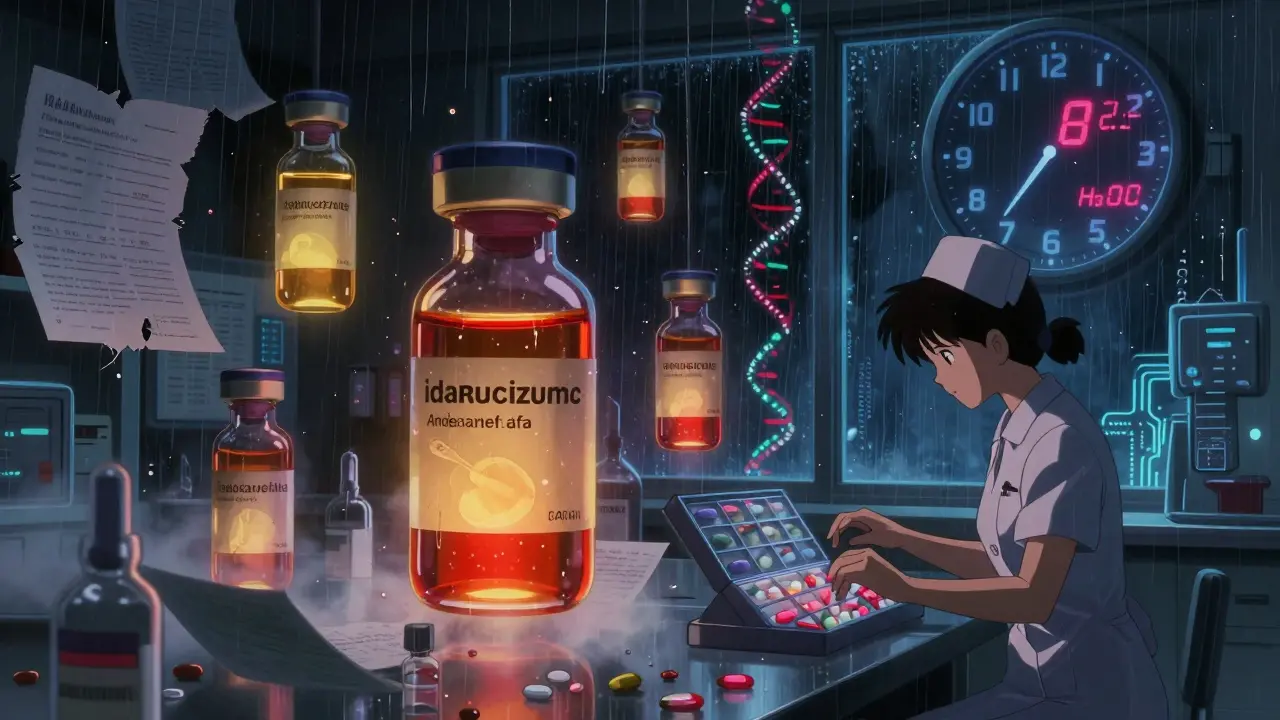 Floating reversal drug vials glowing in a dark lab, with genetic code spirals and a countdown clock, a nurse staring at a pill organizer.
