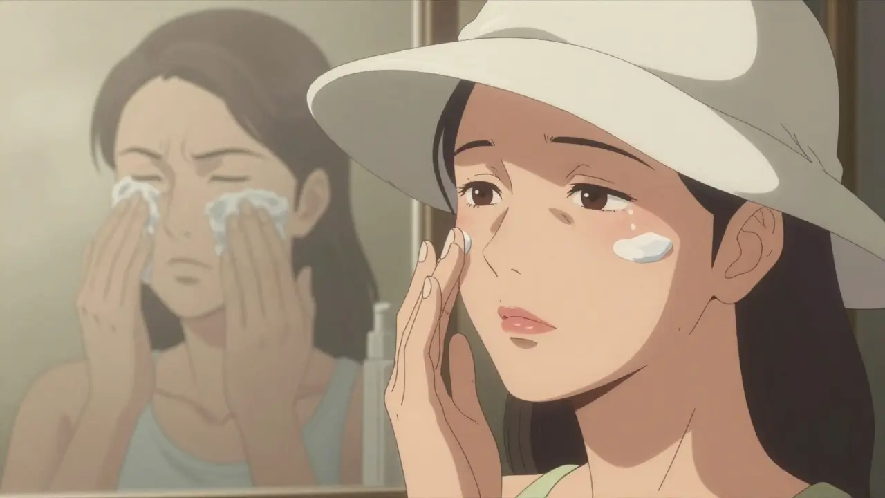 Hand applying gentle ceramide cream to inflamed skin, with split-screen memories of past triggers and healing habits.