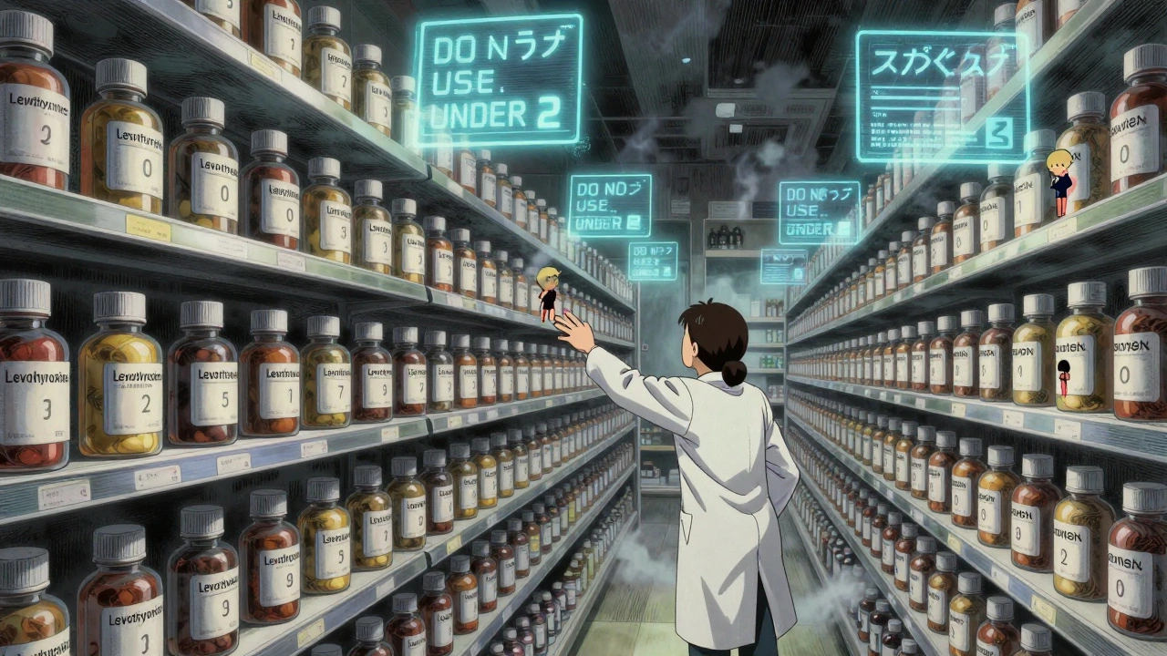 Infinite pharmacy shelf with generic bottles and floating pediatric safety warnings, children fading into containers.