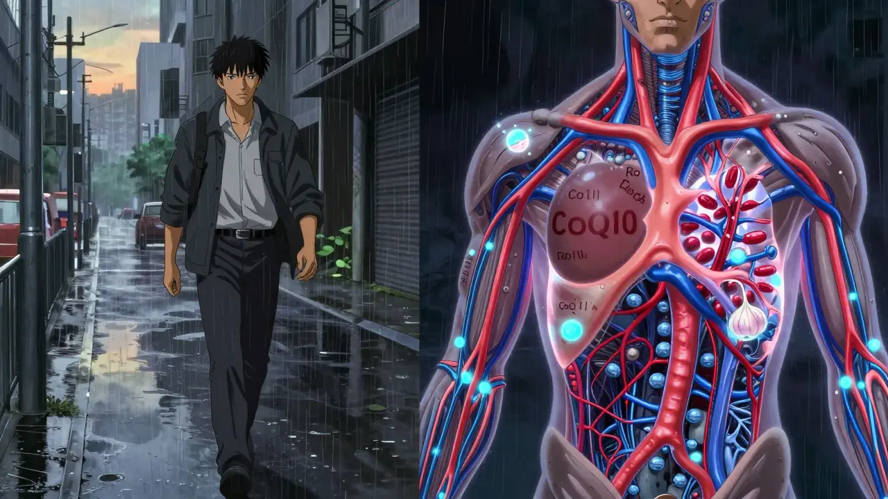 Man walking in rain while internal blood vessels glow with reduced pressure.