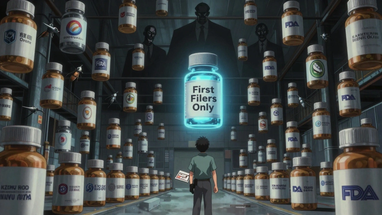 Millions of floating pill bottles in a warehouse, one glowing blue bottle at the center.