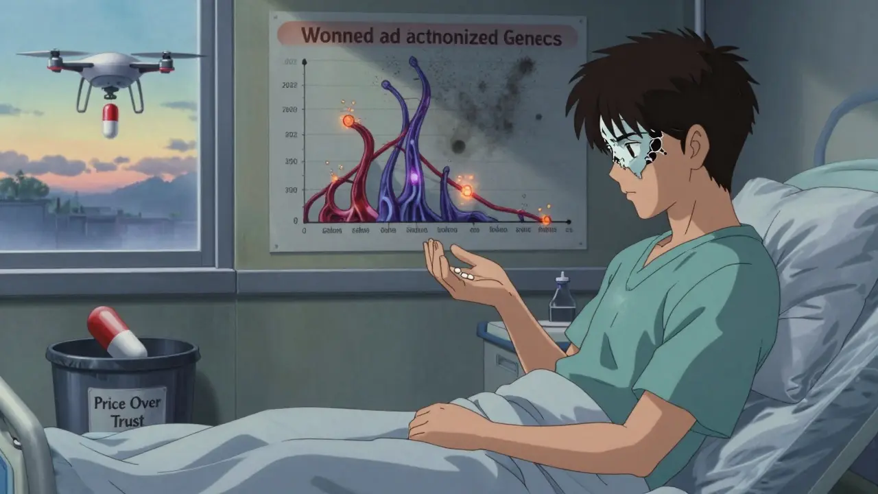 Patient holding a pill that reflects their face, timeline showing authorized generics fading as biosimilars rise.