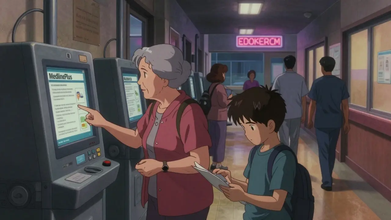 Patients and caregivers view drug information on hospital kiosks, one woman reading in Spanish.