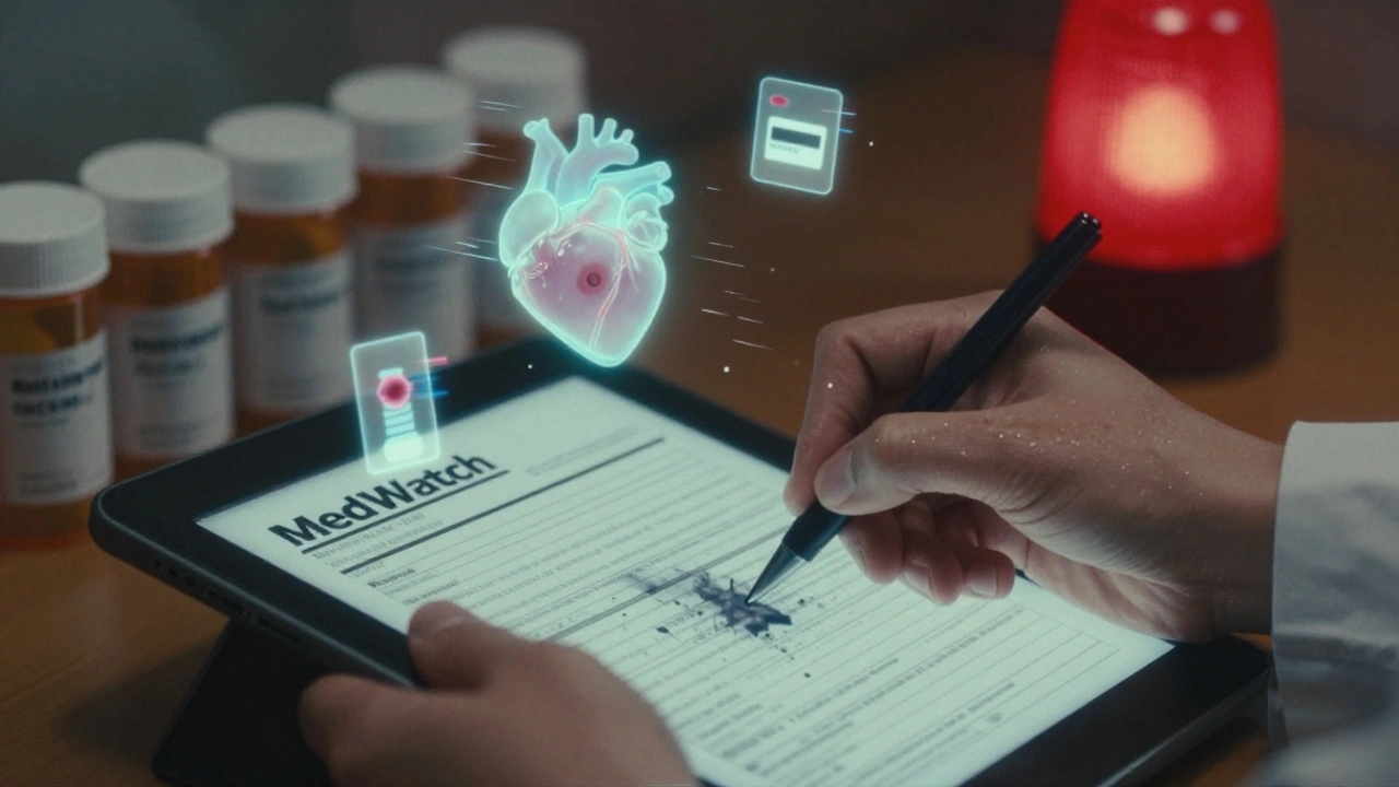 Pharmacist&#039;s hands completing an adverse event report on a tablet, surrounded by floating medical warning icons.