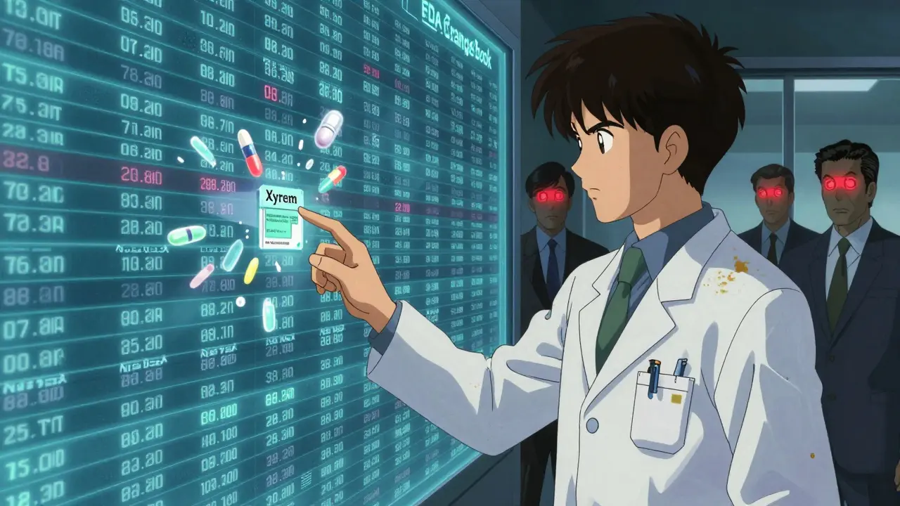 Pharmacist examining FDA drug codes on a holographic display, corporate figures watching in shadow.