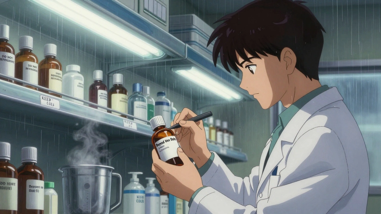 Pharmacist labeling antibiotic suspension under bright pharmacy lights.