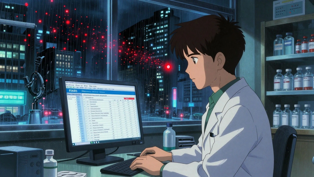 Pharmacist watching a digital storm of adverse event reports on a monitor, one glowing batch linked to danger.