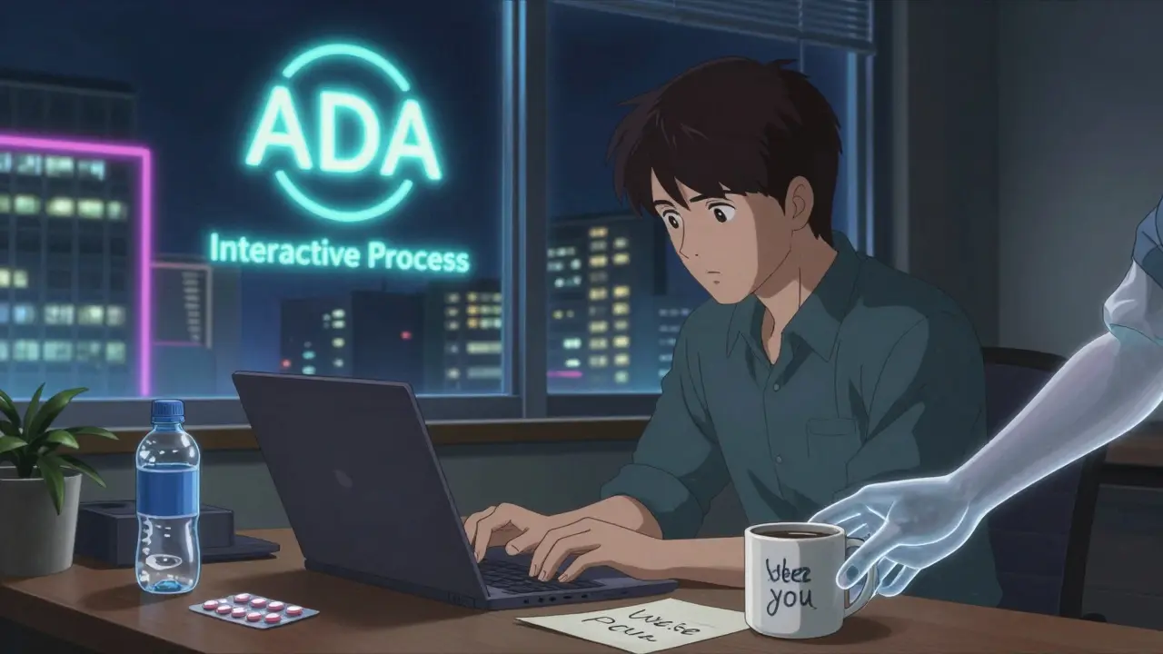 Remote worker at home with medication and floating ADA symbols in night lighting