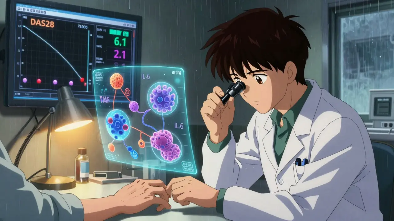 Rheumatologist and patient viewing holographic immune system pathways in a clinical setting.