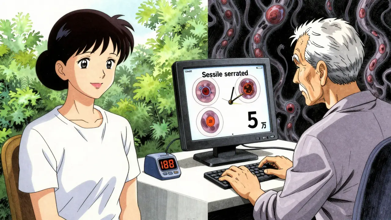 Split scene: a woman relaxing with a 10-year countdown vs. a man facing urgent 5-year warning from serrated polyps.