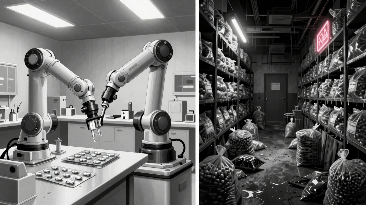 Split scene: clean FDA-approved drug factory vs. dark counterfeit warehouse.