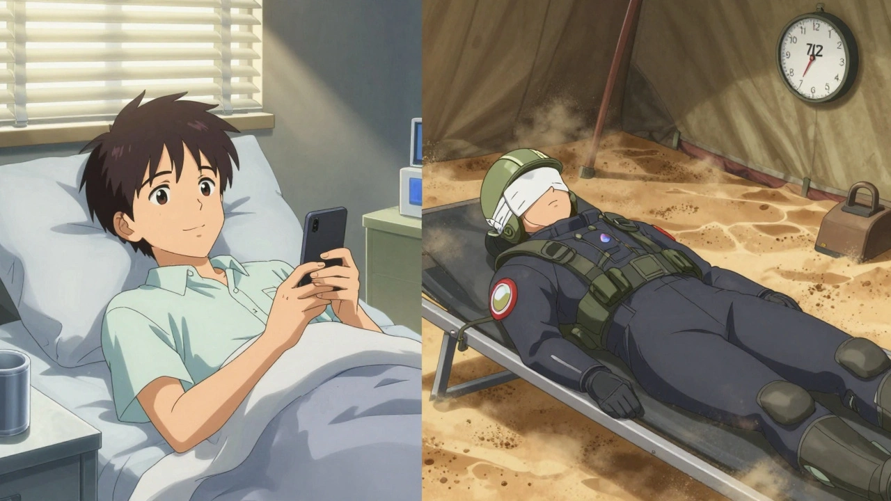 Split scene: office worker sees clearly after LASIK, Marine recovers from PRK in desert tent