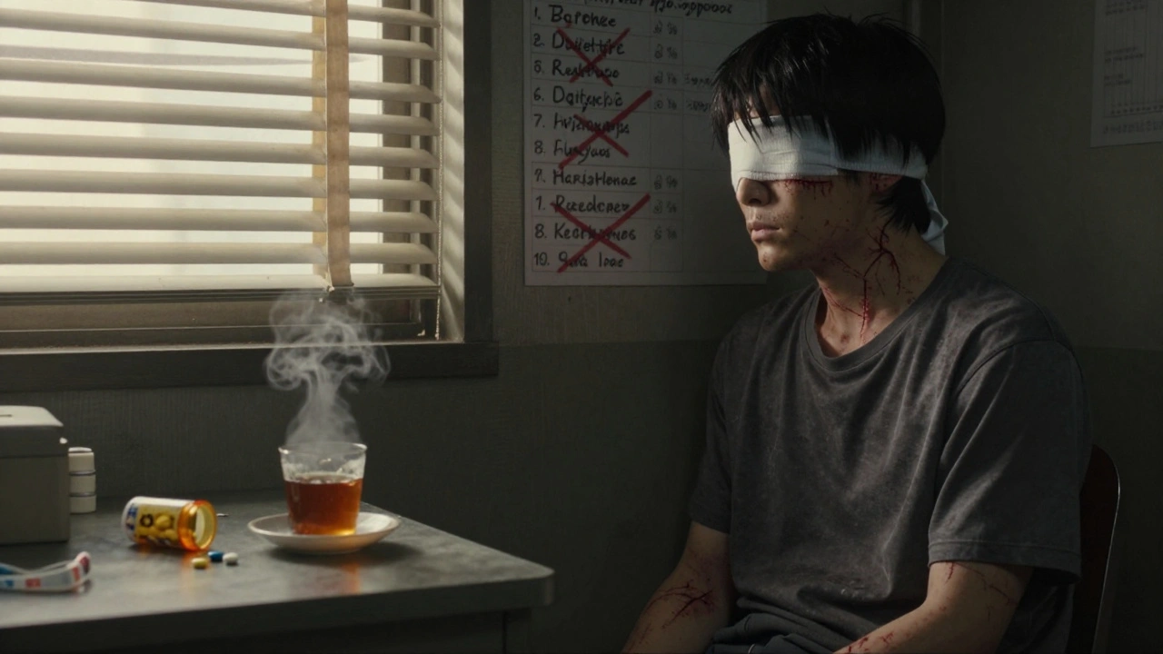 Survivor with facial scars and bandaged eye, surrounded by crossed-out medication names on a wall.
