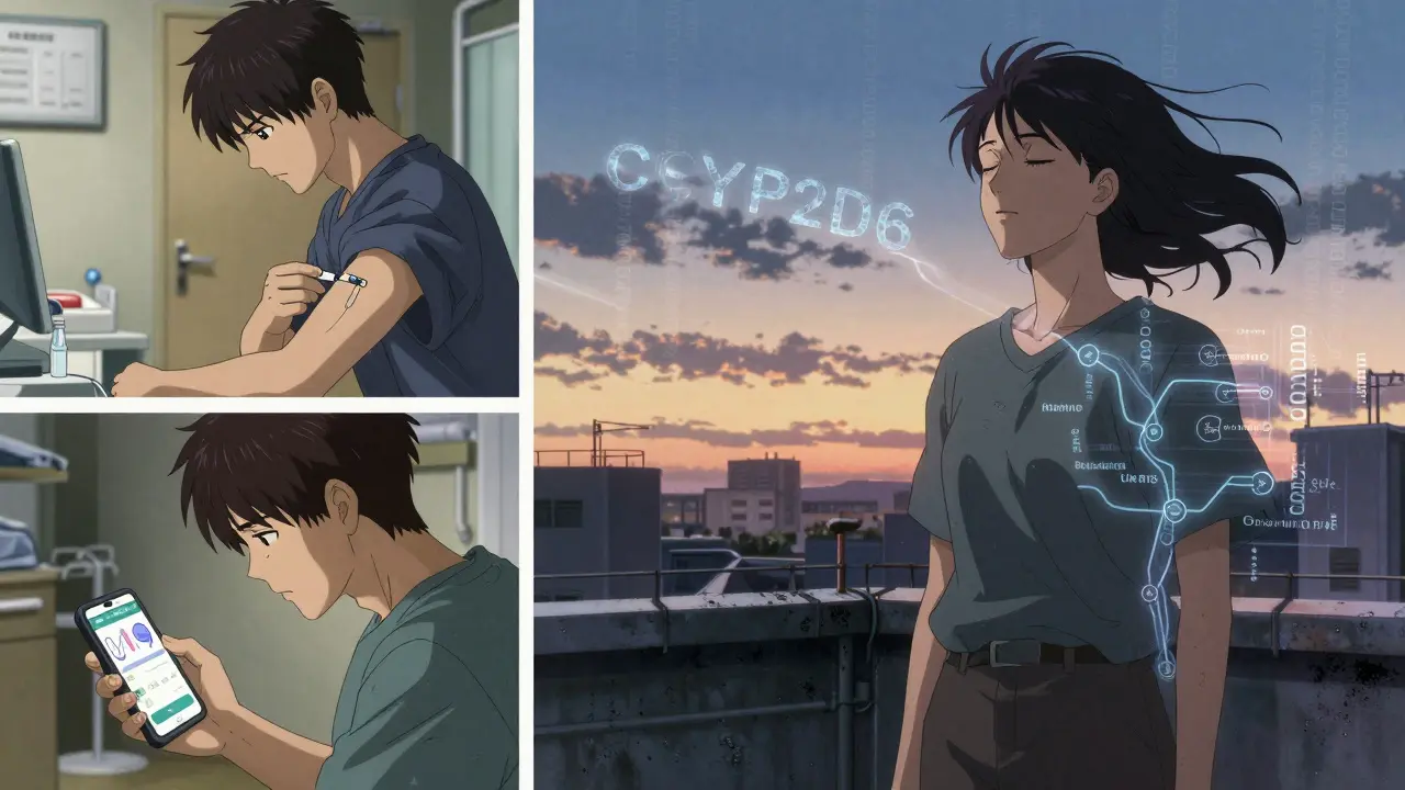 Three patients experiencing different aspects of antipsychotic treatment: injection, digital tracking, and quiet reflection at dawn.