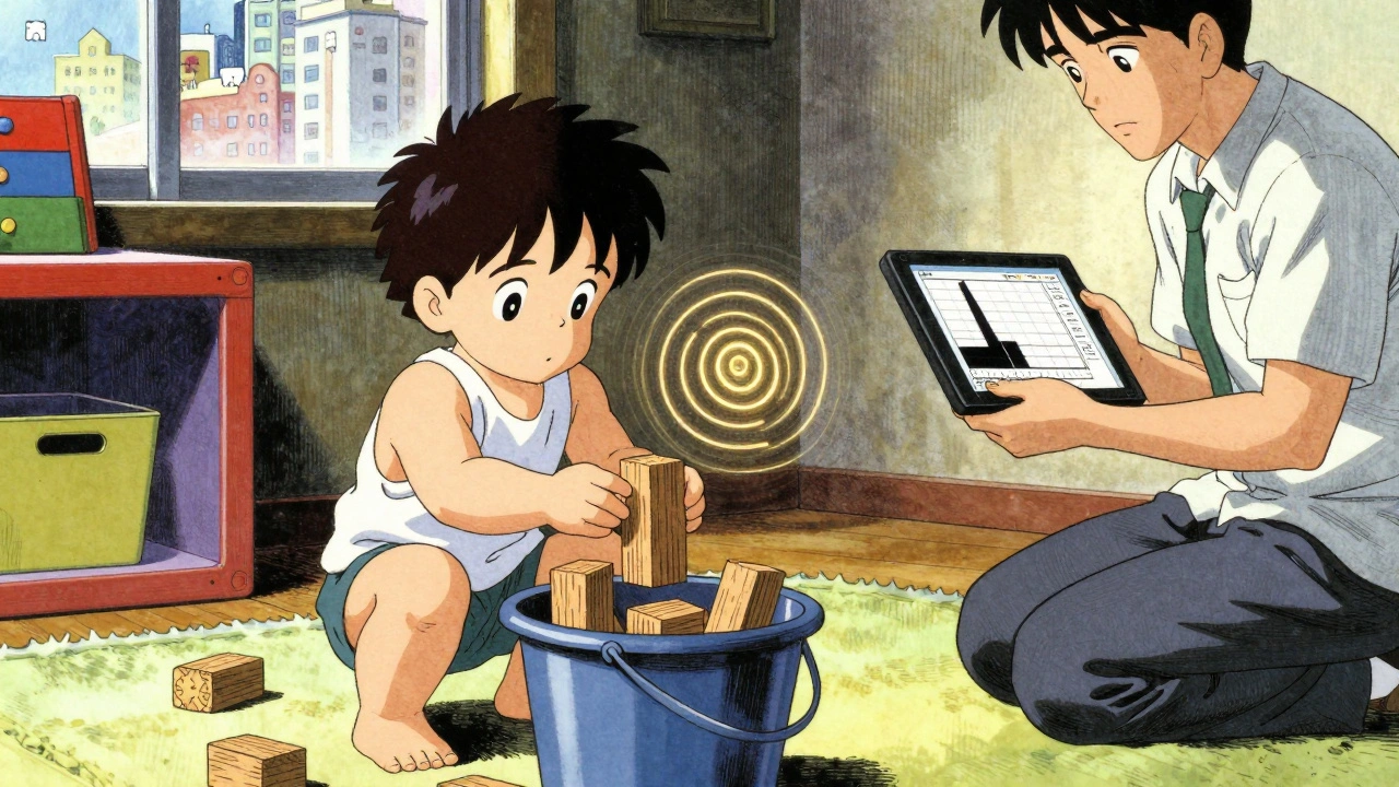 Toddler dropping blocks in response to chimes during play audiometry, with visible sound waves.