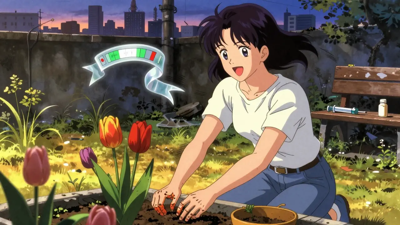 Woman gardening with healed hands, biomarker ribbon showing remission, sunlight filtering through trees.