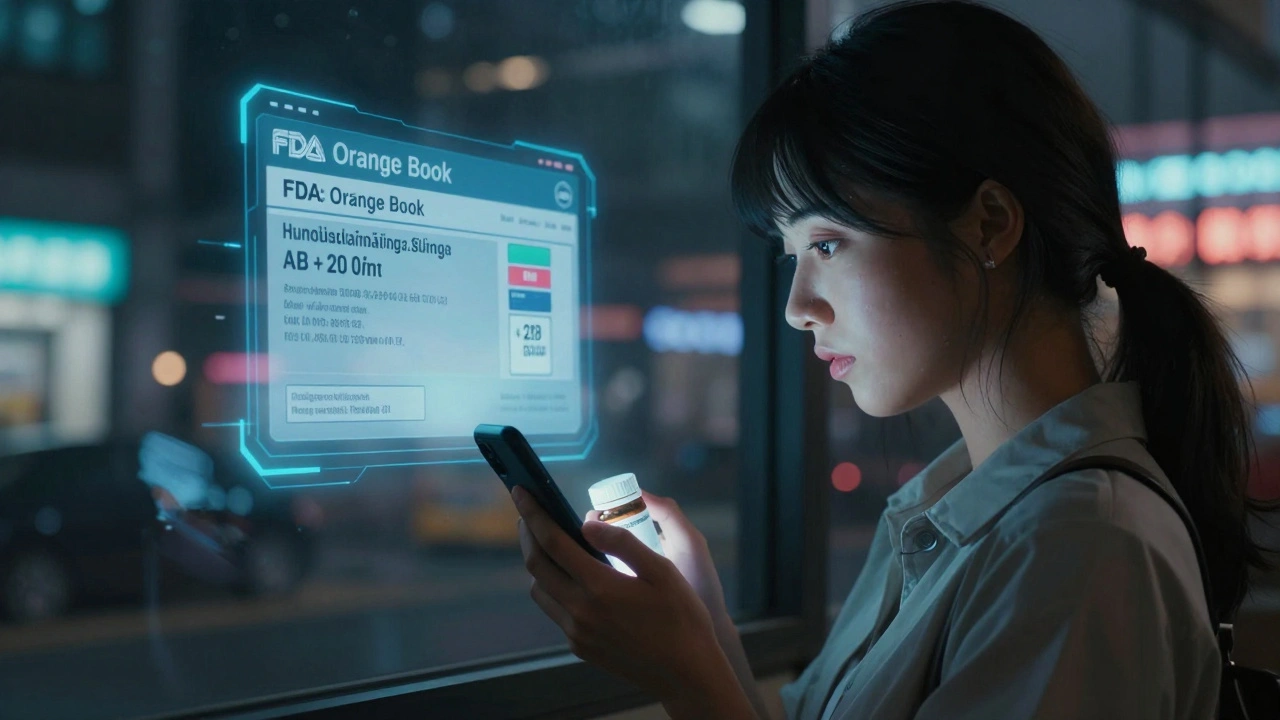 Woman scanning a pill bottle with smartphone, holographic FDA verification overlay visible.