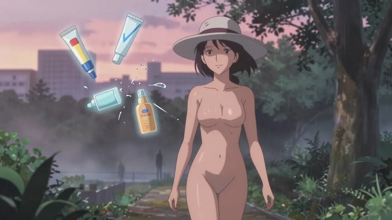 Woman walks through park wearing a hat, face clear of rash, past triggers shattering like glass behind her in dawn light.