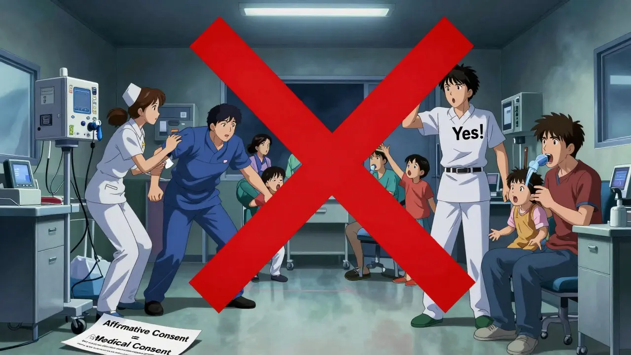 A chaotic ER scene with a family shouting 'yes' while a red X overlays the ventilator, symbolizing legal confusion.