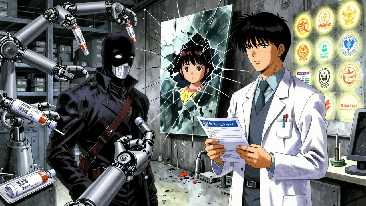 A criminal in a warehouse packaging fake insulin opposite a pharmacist holding a safety checklist, with a child's reflection in a broken mirror.