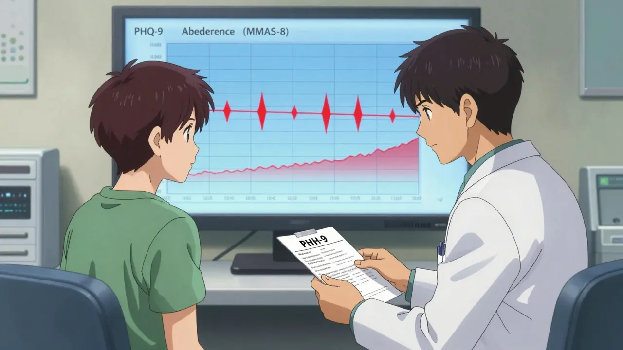 A doctor and patient in a clinic, with digital graphs showing the link between depression scores and medication adherence.