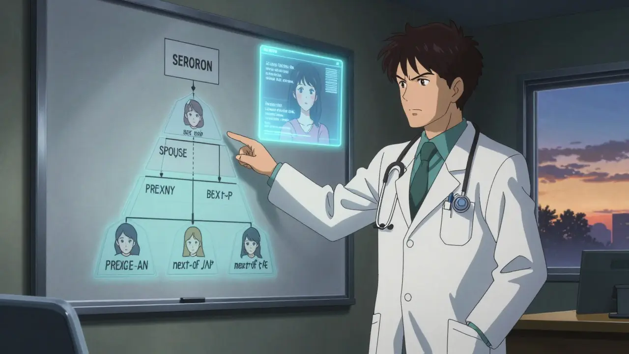 A doctor explains medical decision hierarchy in a boardroom with a hologram of a patient's past wishes.