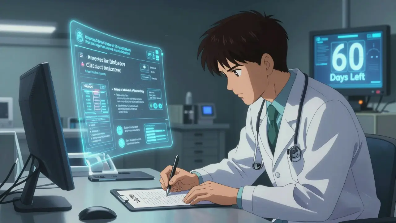 A doctor writing a medical necessity letter as clinical guidelines hover in holograms above the desk.