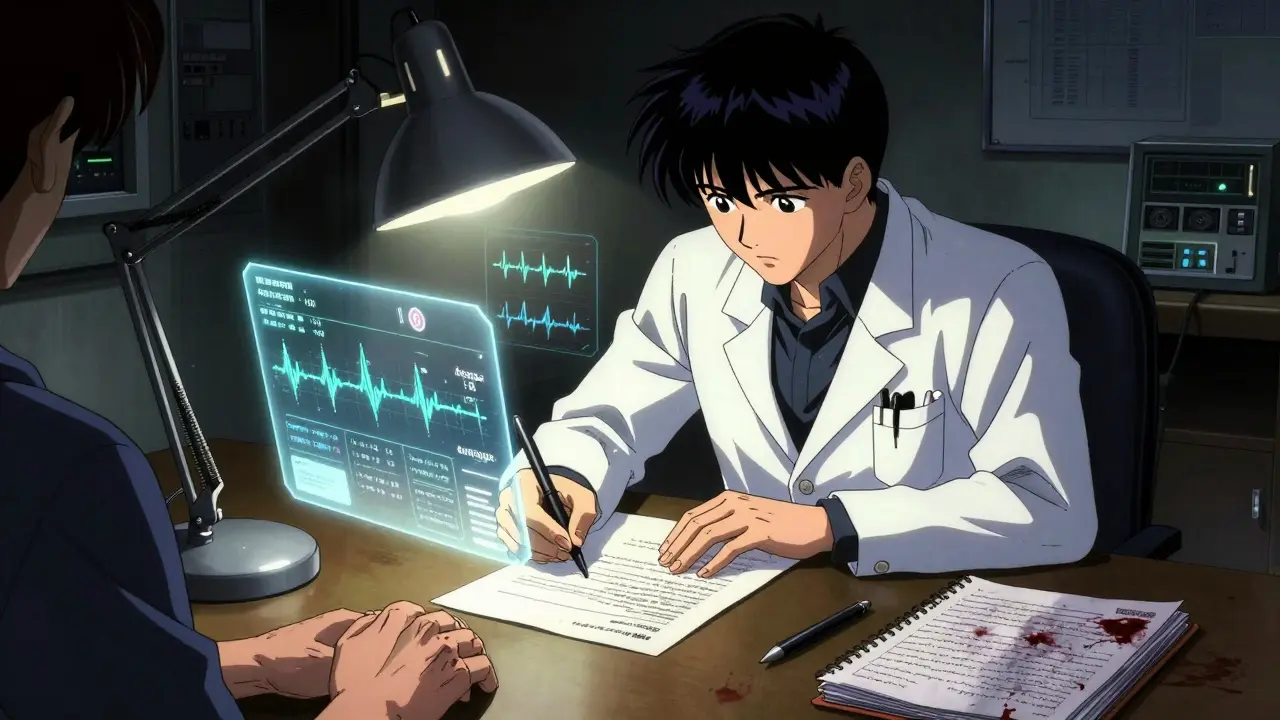 A doctor writing an appeal with floating medical data and a patient's seizure diary nearby.
