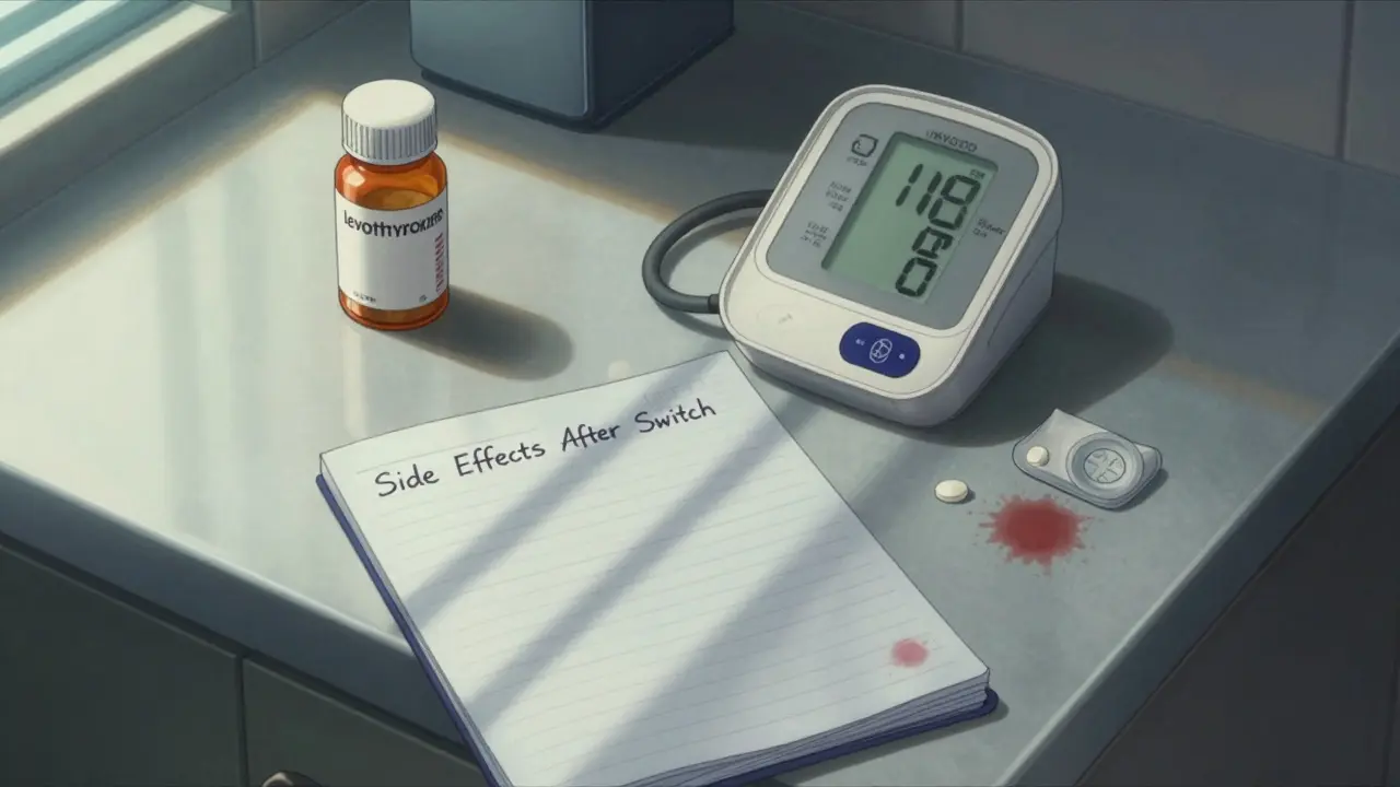 A kitchen counter at dawn shows a blood pressure monitor, handwritten notes, and a generic pill with a red dye stain.