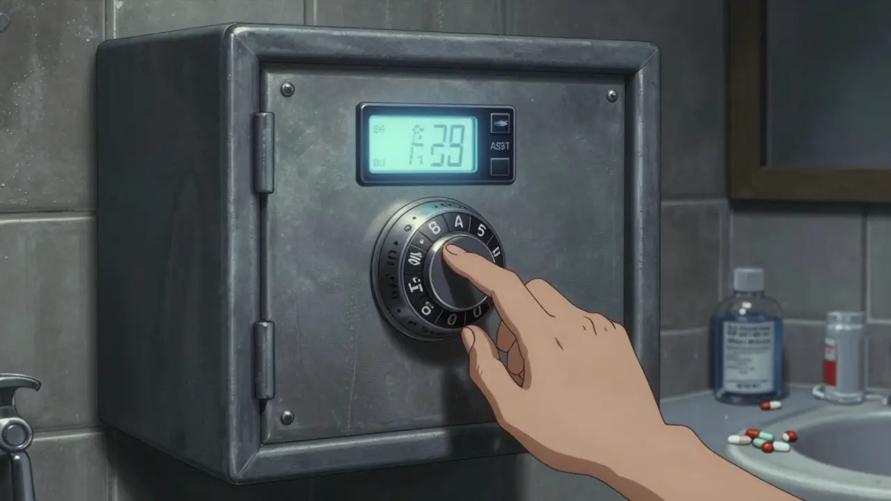 A locked medication safe on the wall with a hand turning its combination dial, reflecting cold LED light.