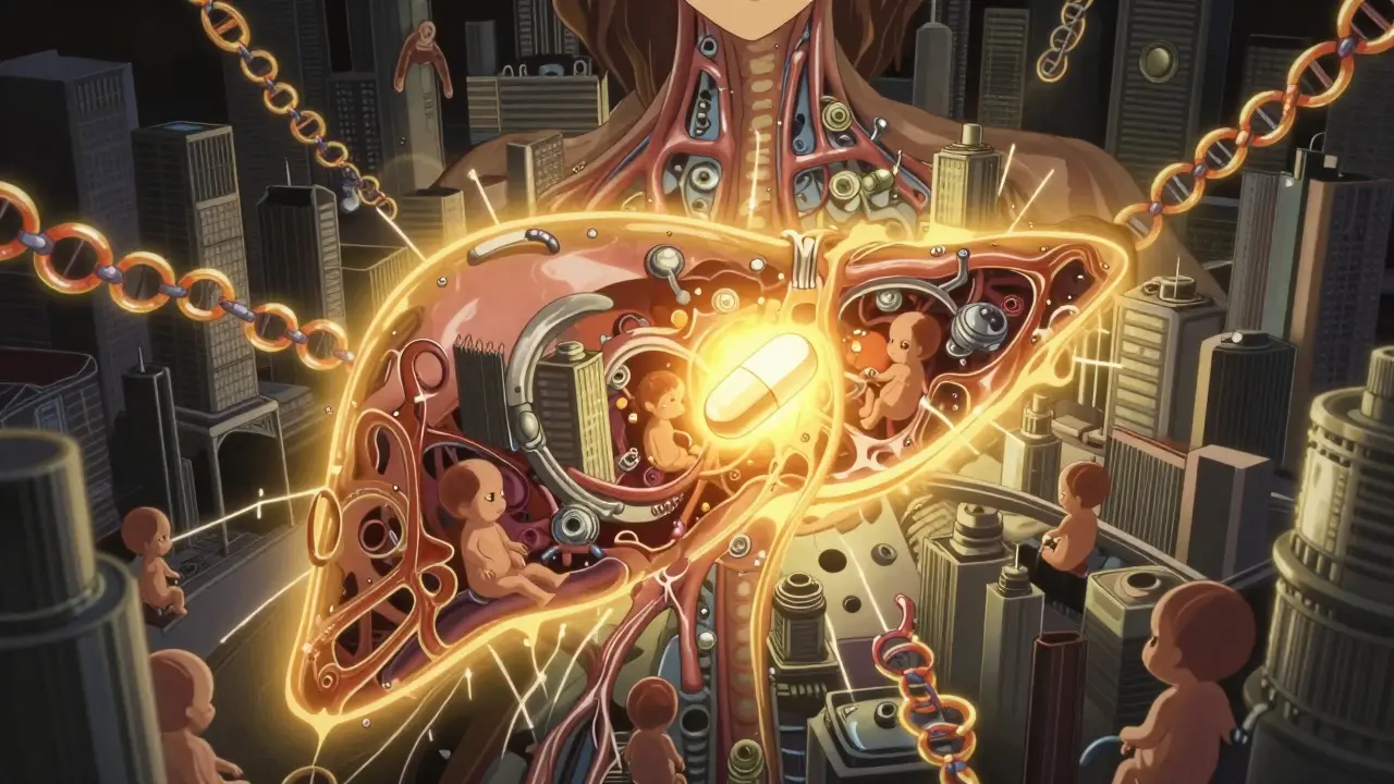 A mechanical liver city with clogged ducts and a glowing UDCA pill restoring balance, symbolizing treatment.