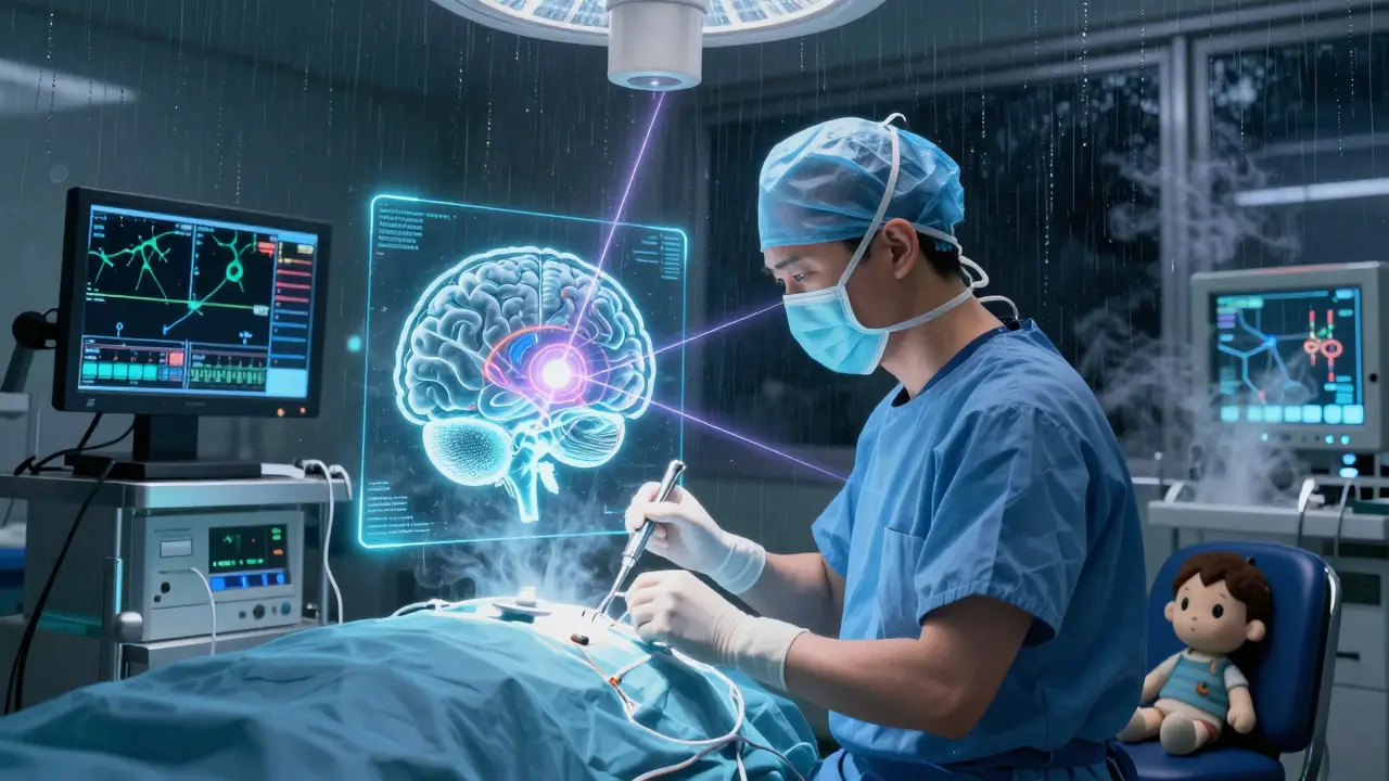 A neurosurgeon operating on a glowing 3D brain hologram, with laser mapping a seizure focus in a high-tech operating room.