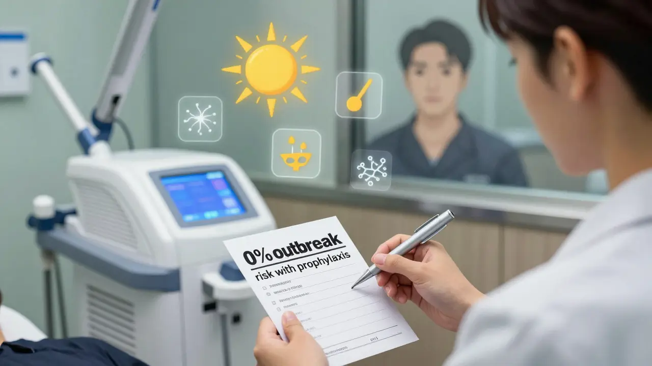 A patient receiving antiviral prophylaxis before a laser procedure, with medical chart showing zero outbreak risk.