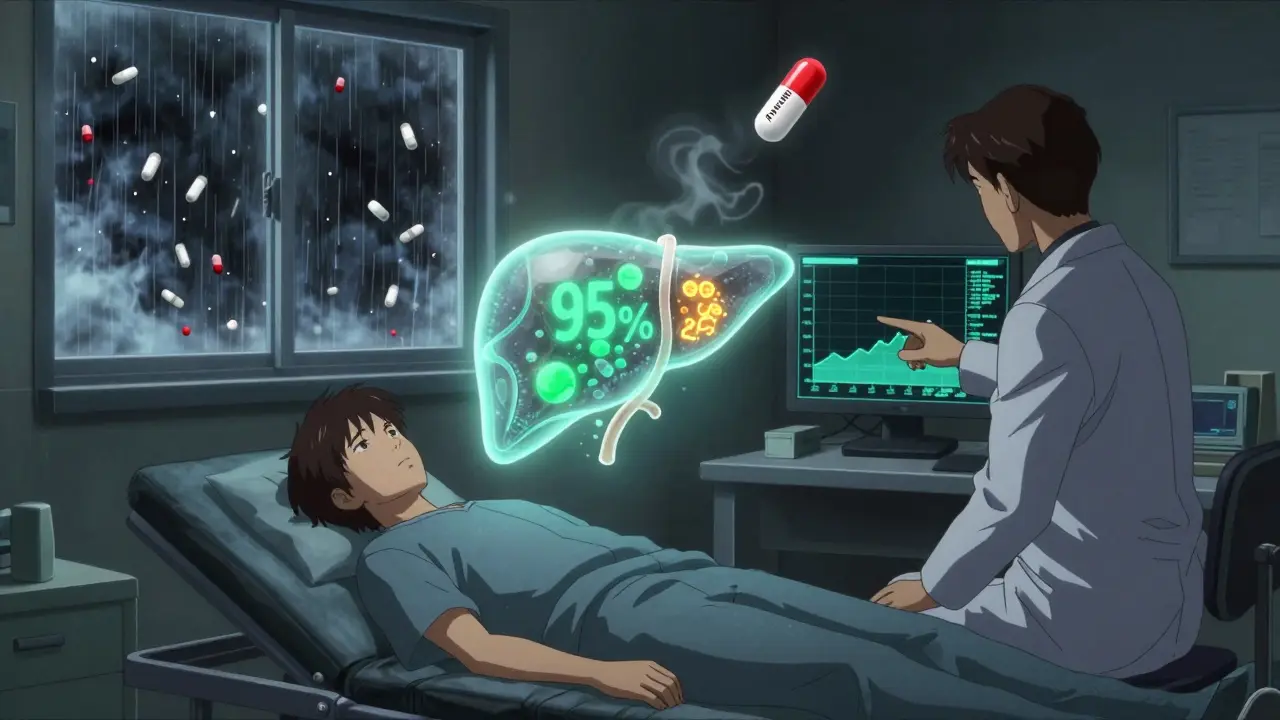 A patient with a holographic liver showing mostly green cells, one doctor pointing to calming enzyme trends.