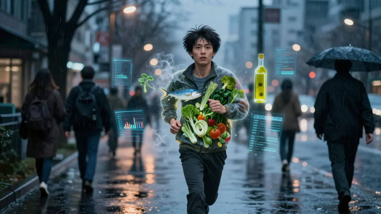A person jogs through a rainy city as healthy food and digital health data glow around them in twilight.