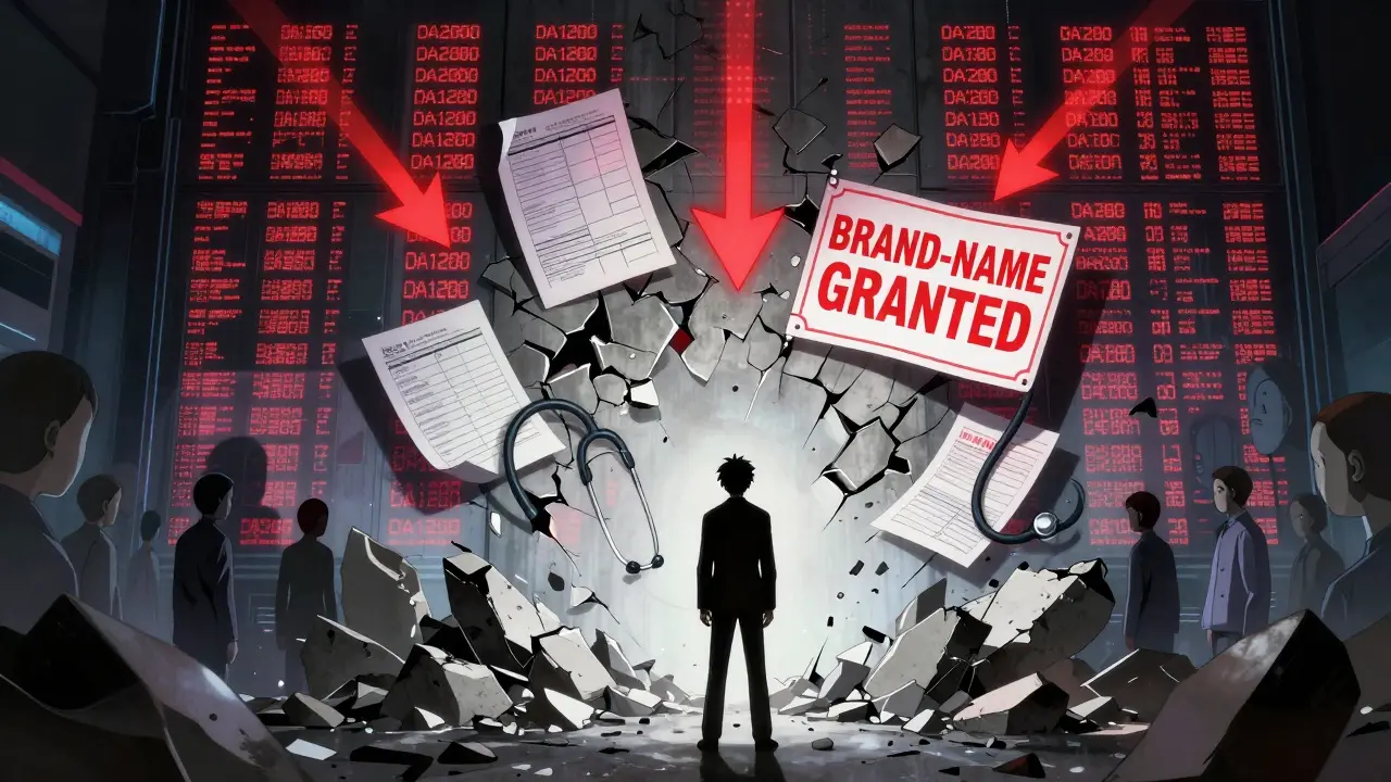 A person standing as insurance denial codes crumble, replaced by a single approved brand-name label.