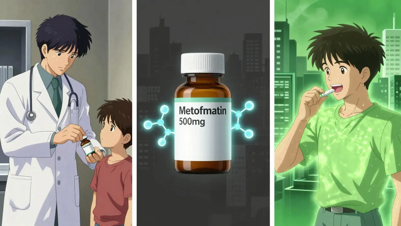 A pharmacist hands a pill bottle to a patient, with glowing label text and a city turning green behind them.