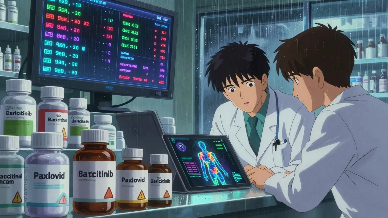 A pharmacy counter with conflicting Long COVID drug bottles and a fragmented human body diagram under cold blue light.