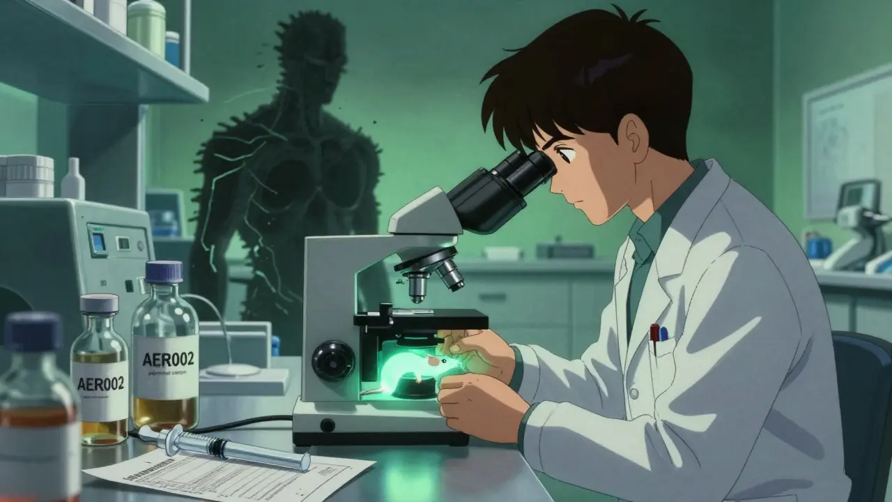 A researcher examining a healthy mouse under a microscope, with shadowy human silhouette and experimental vials in a sterile lab.