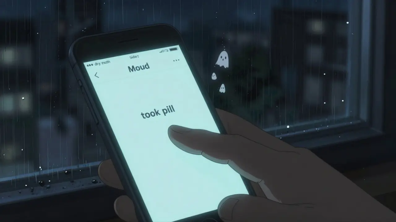 A smartphone displays a mood-tracking app, with ghostly side effect icons floating above it in a rainy night setting.