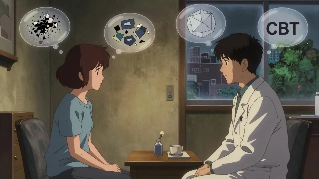 A therapist and patient sit together as floating thought bubbles transform negative ideas into calm patterns.