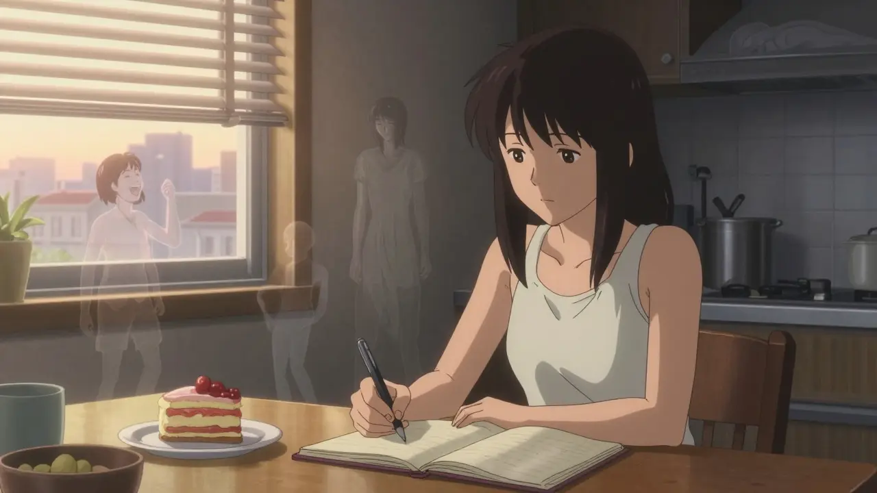 A woman journaling at dawn, surrounded by translucent memories of joy, movement, and self-control.