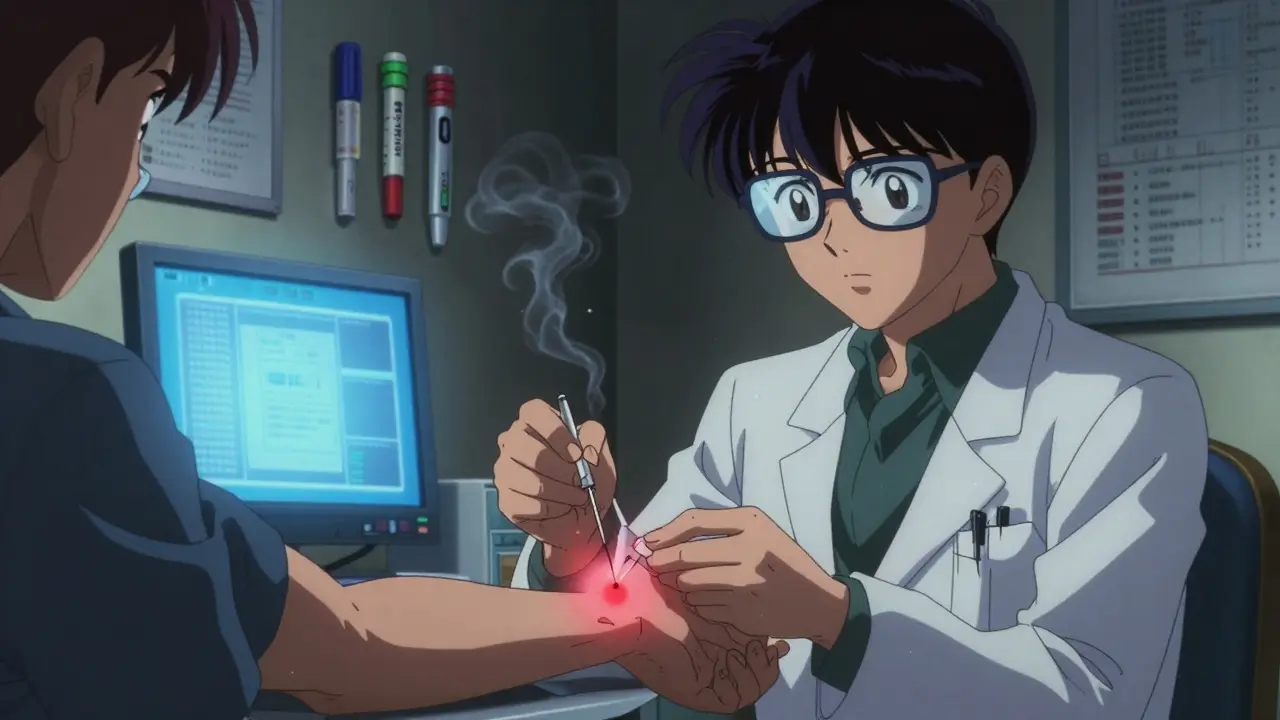 Allergist performing penicillin skin test with glowing wheal on patient's arm.